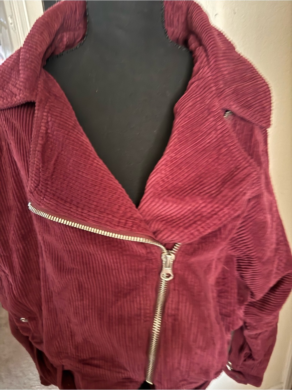 Free People Burgundy Corduroy Asymmetrical Zip Jacket